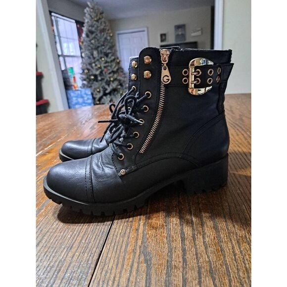 9.5 G by Guess Black Goldtone Lace Up Zip Chunky Heel Combat Boots Ankle Booties - Picture 1 of 7